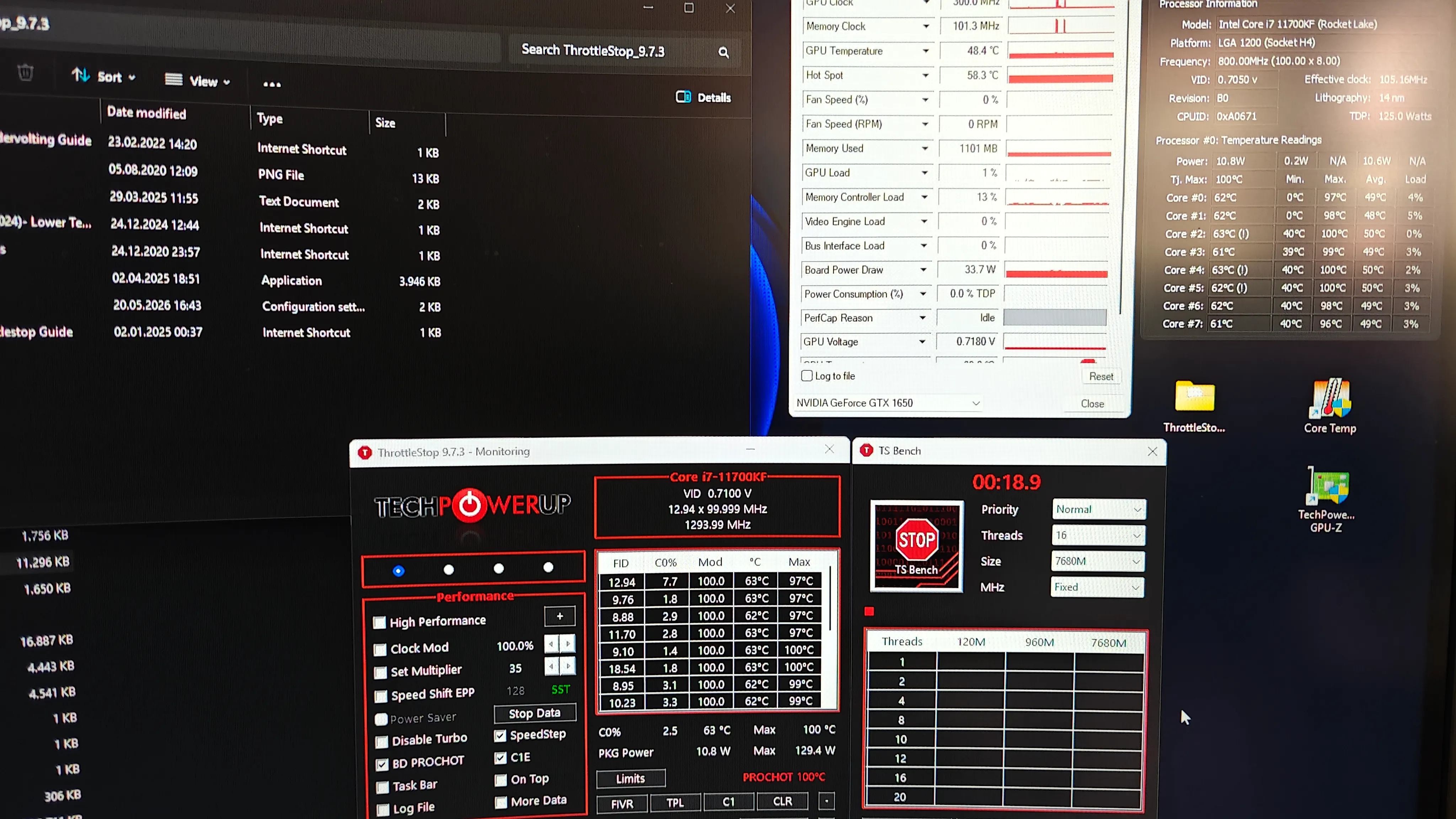 ThrottleStop și Core Temp pe i7-11700KF - cores la 97-100°C max, semn că răcirea nu funcționează