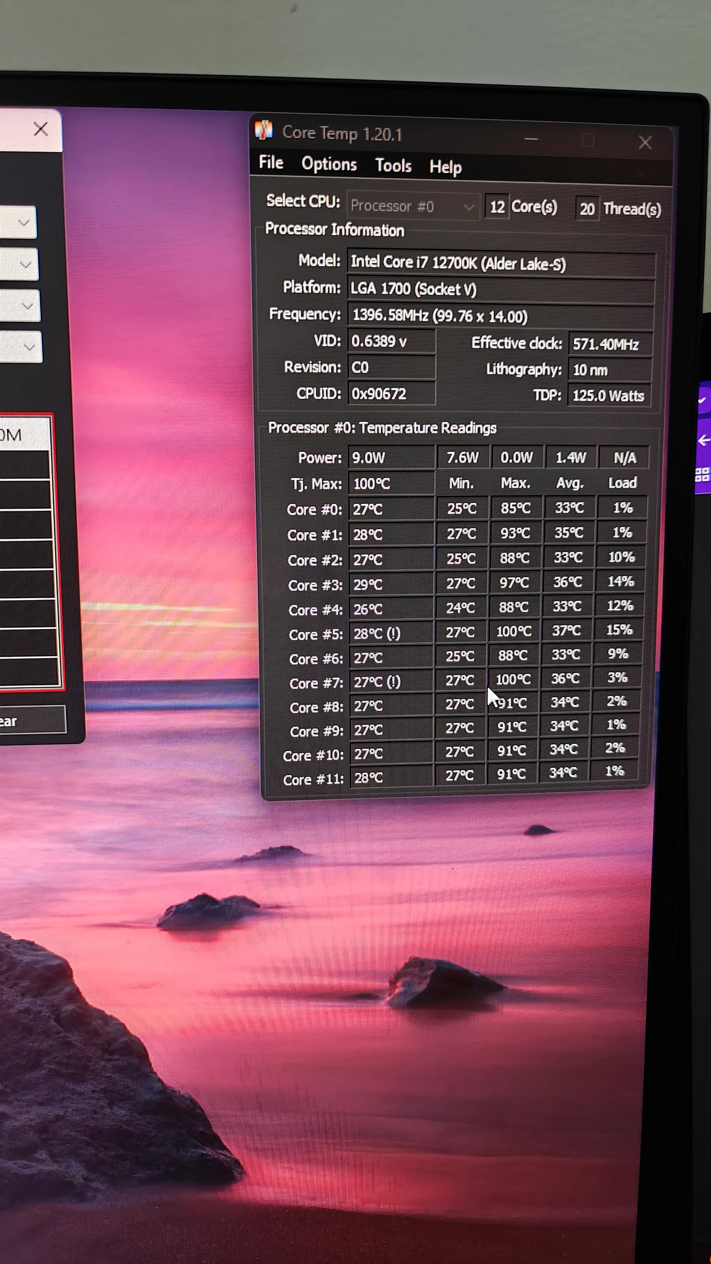 Core Temp pe i7-12700K - cores la 85-100°C max în stress test, simptomul unui contact slab al coolerului cu procesorul